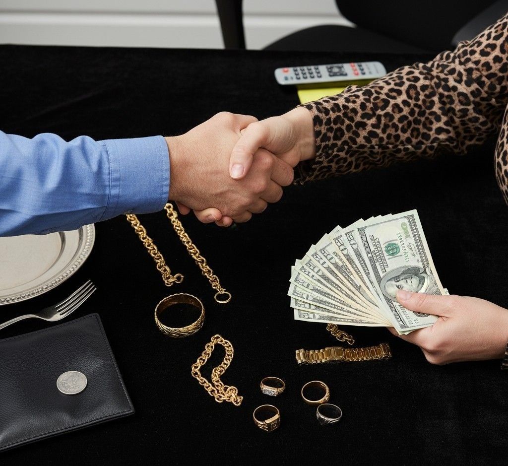 Close-up of two people shaking hands over a black table, signifying a cash for gold transaction. One person is holding a fan of US dollar bills, while various gold rings, chains, and bracelets are displayed on the table, along with a wallet and silverware.