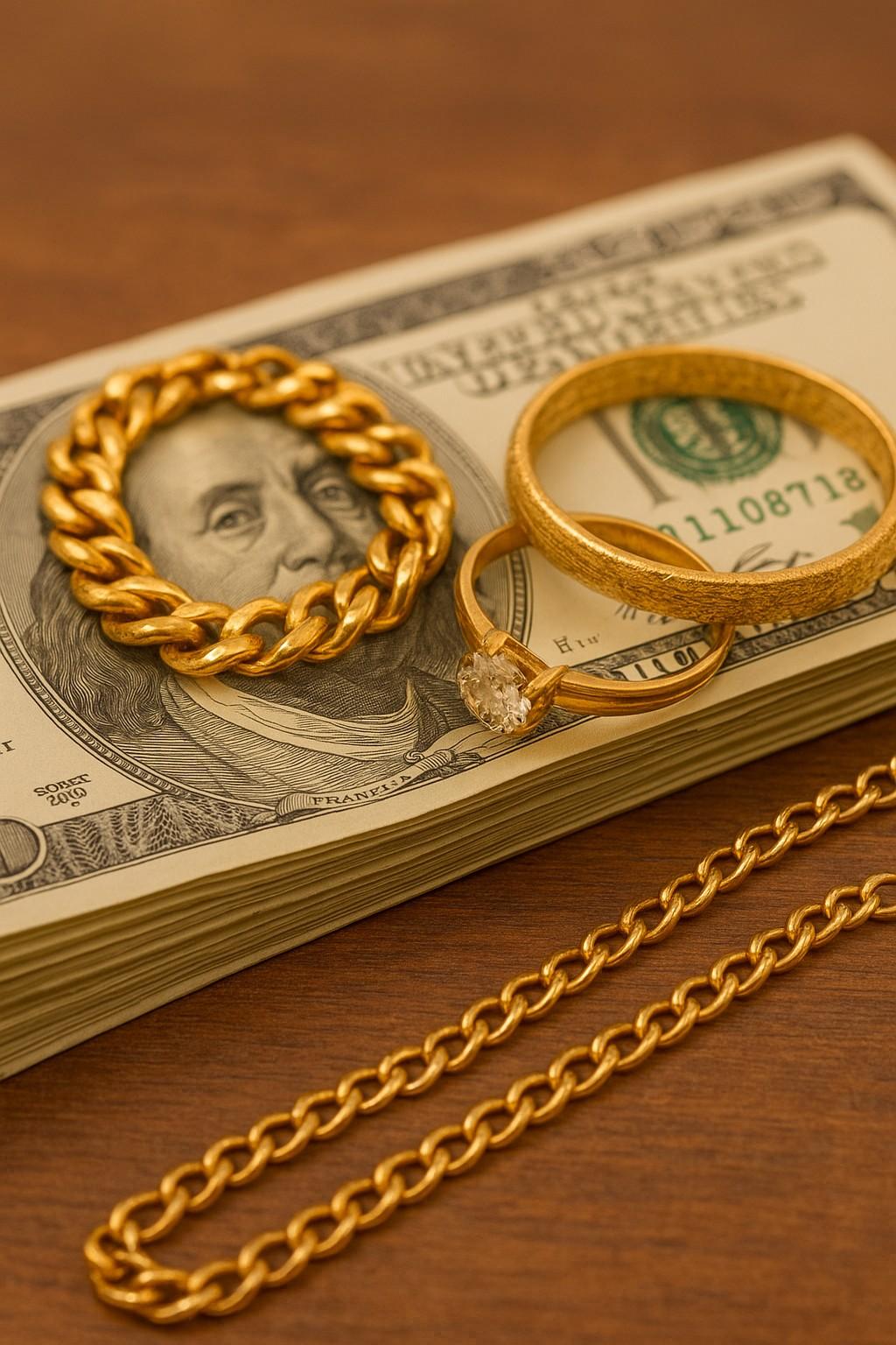 Gold jewelry including chains, rings, and bracelets placed on US dollar bills, representing cash for gold jewelry service online.
