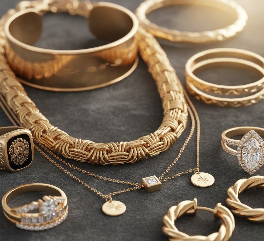 A detailed close-up of various gold jewelry items, including a heavy braided gold chain, delicate layered necklaces with small diamond accents, a prominent gold signet ring with a lion's head, an ornate diamond engagement ring, and textured gold hoop earrings, all resting on a dark gray surface.